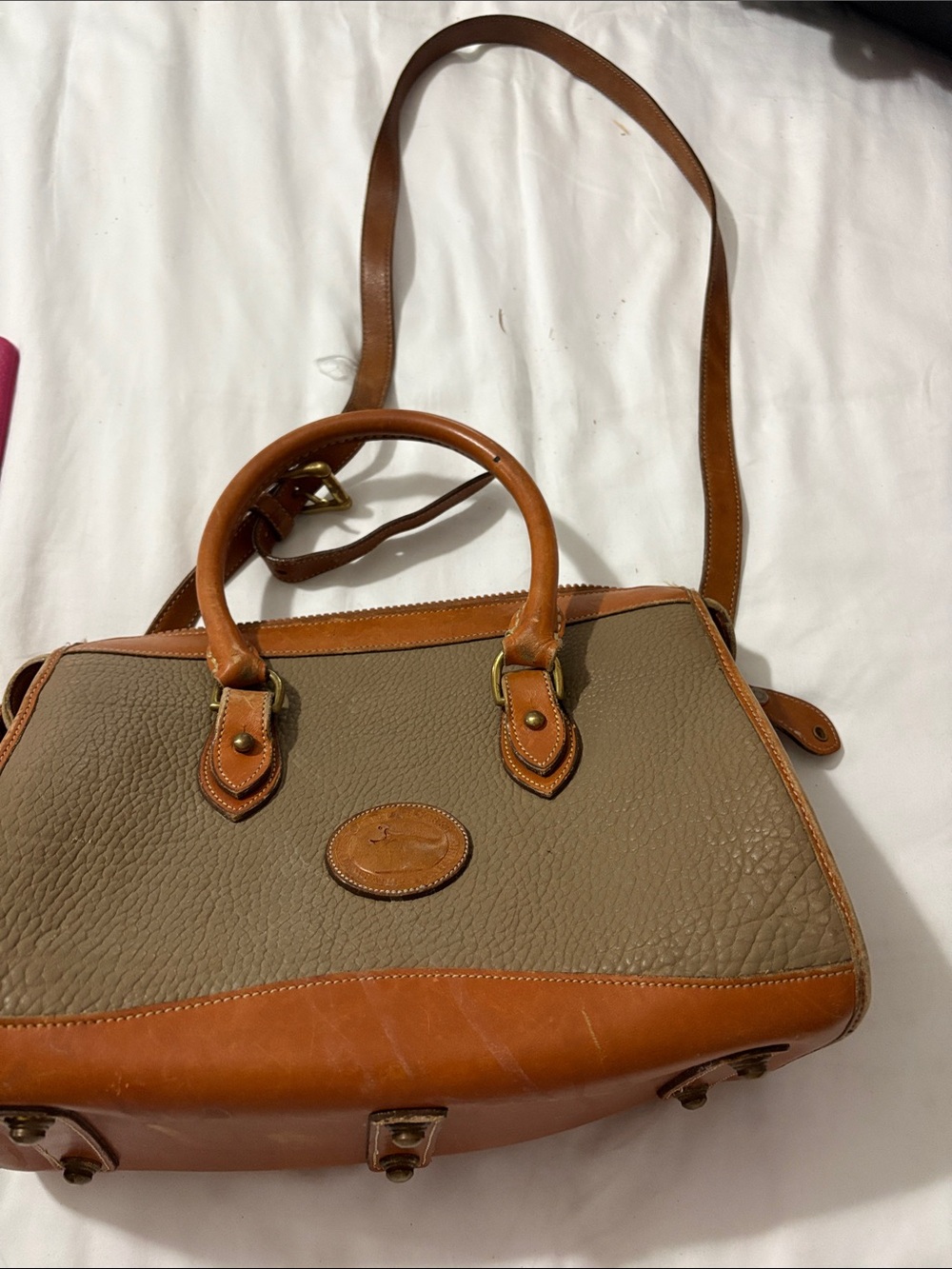 Classic Two-Tone Leather Satchel Bag - Taupe and Tan
